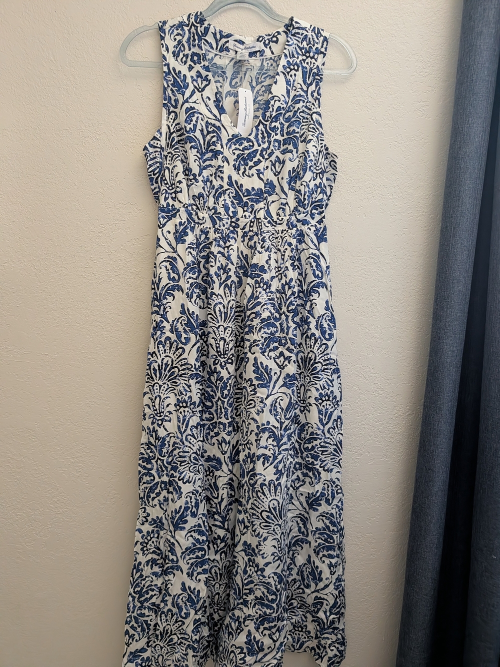 Tommy Bahama White and Blue Sleeveless Printed Maxi Dress